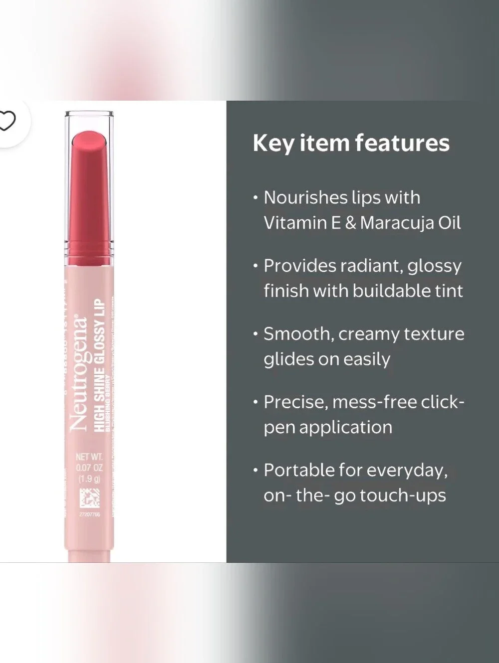 Neutrogena High Shine Glossy Lip with Vitamin E, Lip Gloss Makeup, Blushing Berr